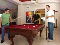 Pool players team up and fuck Sandra Romain in a hot anal threesome